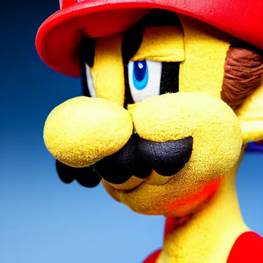 Image similar to mario as a puppet, glamour shot, 4 k extremely detailed macro photography