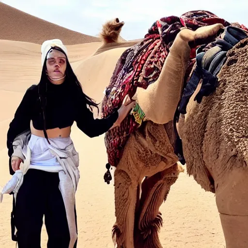 Image similar to close up shot of billie eilish riding a camel