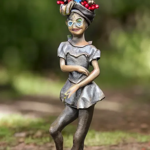 Prompt: Margaret Le Van\'s Alley Cats fashion statuette, wearing festive clothing, full body render, museum quality photo