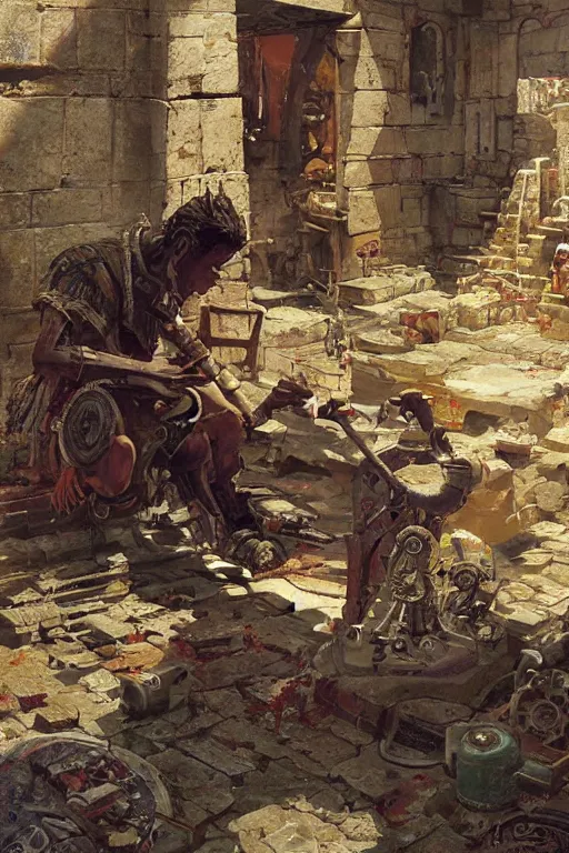 Prompt: an ancient Aztec!!! boy fixing his Aztec!! robot!, part by Craig Mullins, part by Greg Rutkowski , part by Mattias Adolfsson, volumetric lighting!!, oil on canvas