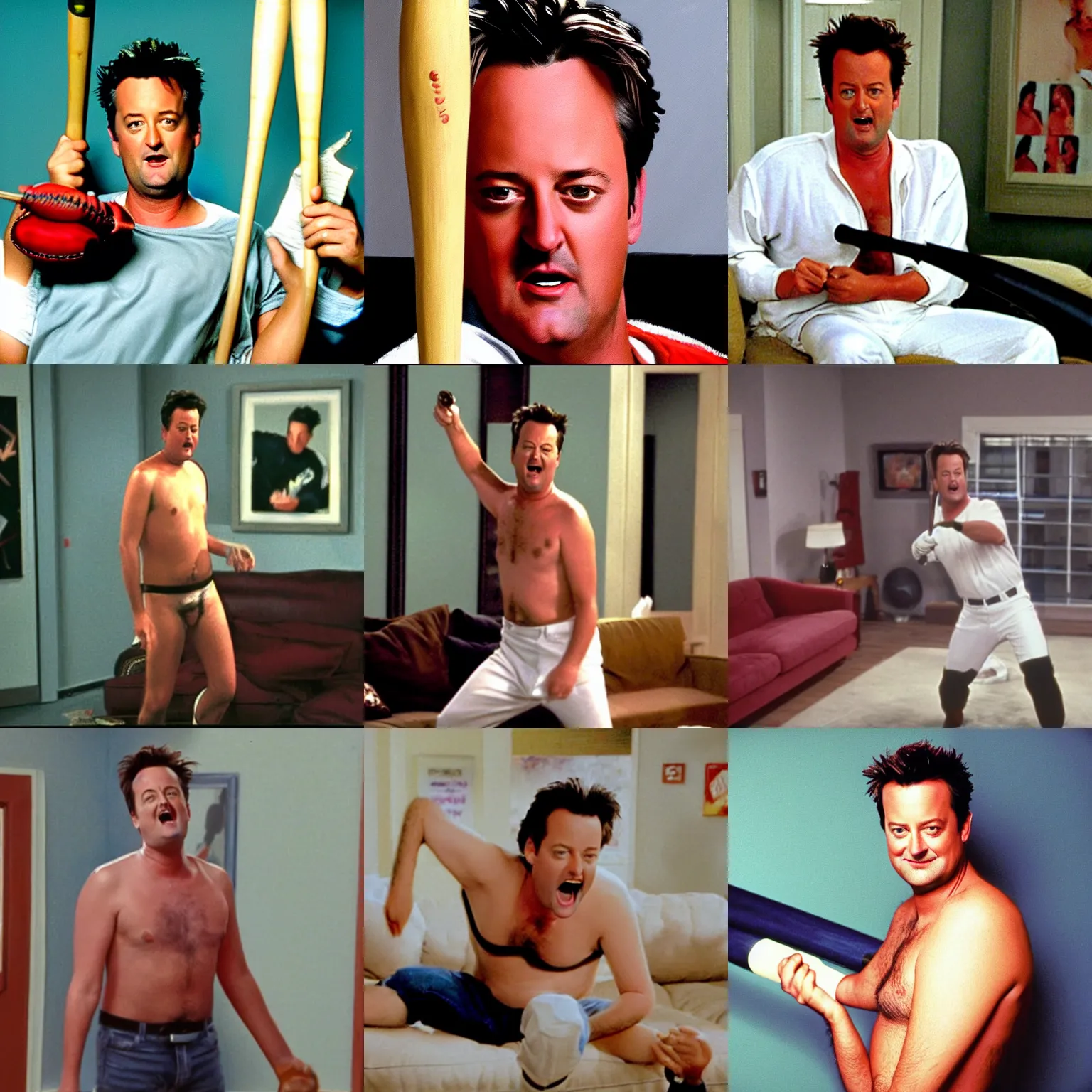 Prompt: matthew perry in his apartment wearing only white briefs swinging a baseball bat while screaming, friends 9 0 s tv show screenshot, ultrarealistic painting