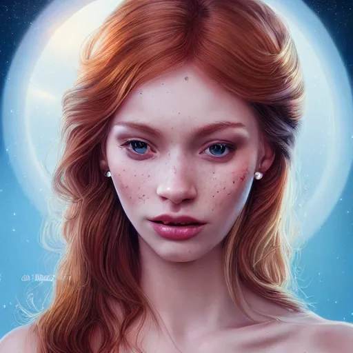 Image similar to a gorgeous female photo, professionally retouched, soft lighting, wearing sundress, illuminated by moonlight realistic, smooth face, redhead, light freckles, perfect eyes, wide angle, sharp focus on eyes, 8 k high definition, insanely detailed, intricate, elegant, art by artgerm and wlop