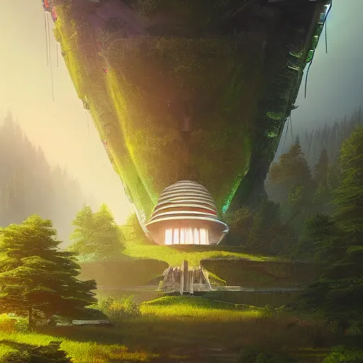 Image similar to futuristic temple tower between green hills with big trees, multiple planets, dramatic lighting, artstation, matte painting, raphael lacoste, simon stalenhag, frank lloyd wright