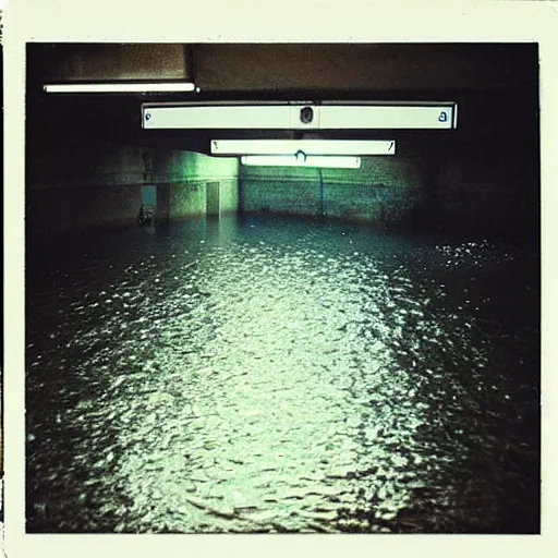 Image similar to a flooded parking garage with lights under the surface of the water, surreal, liminal, polaroid,