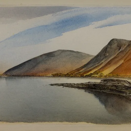 Image similar to wastwater screes in early evening light painted in watercolours and pencil by william heaton cooper and rock textures by julian cooper