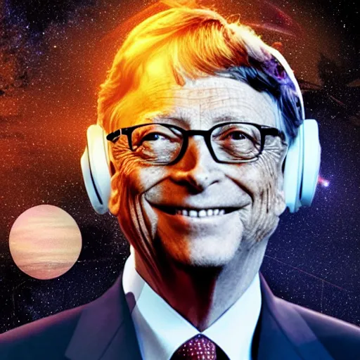 Image similar to album cover featuring bill gates in an outer space void