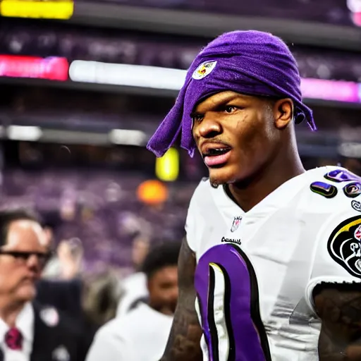 Image similar to lamar jackson baltimore ravens. lombardi trophy. sports photo. award winning photograph. lamar jackson's face