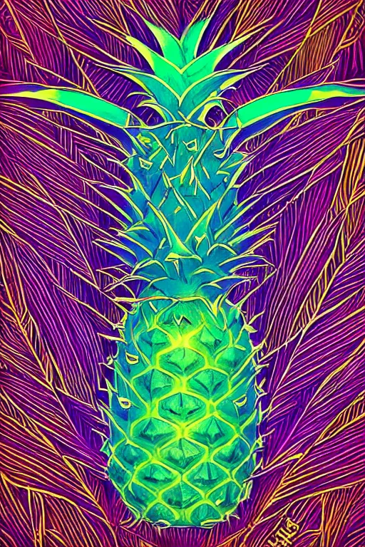 Image similar to glowing luminescent pineapple humanoid figure monster, symmetrical, highly detailed, digital art, sharp focus, trending on art station, amber eyes, autumnal colours