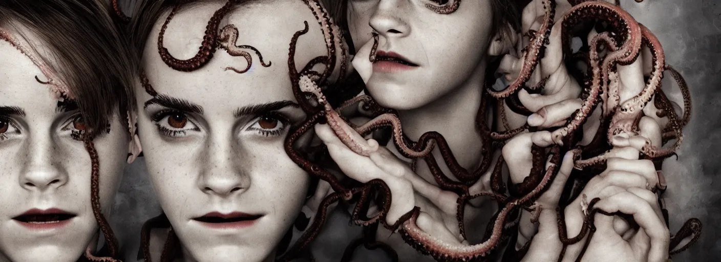 Image similar to emma watson with tentacles and claws horror portrait
