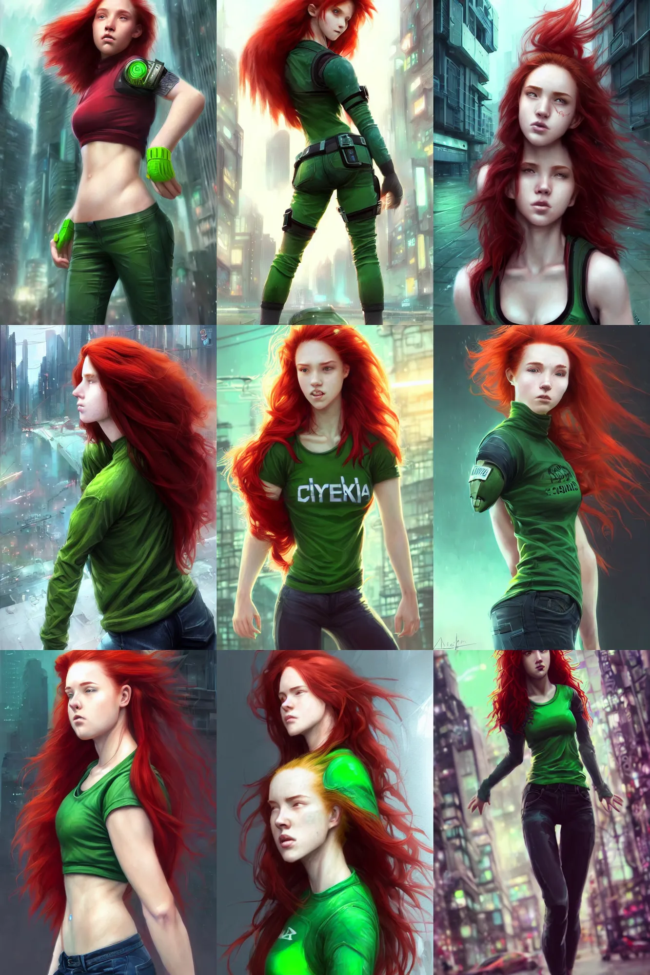 Prompt: beautiful cute athletic red haired eighteen year old young woman standing up, casual green clothing, long hair, cyberpunk city, attractive face, dynamic pose, rpg character, sci - fi, intricate, elegant, digital painting, artstation, concept art, smooth, 8 k frostbite 3 engine, ultra detailed, art by artgerm and greg rutkowski and magali villeneuve