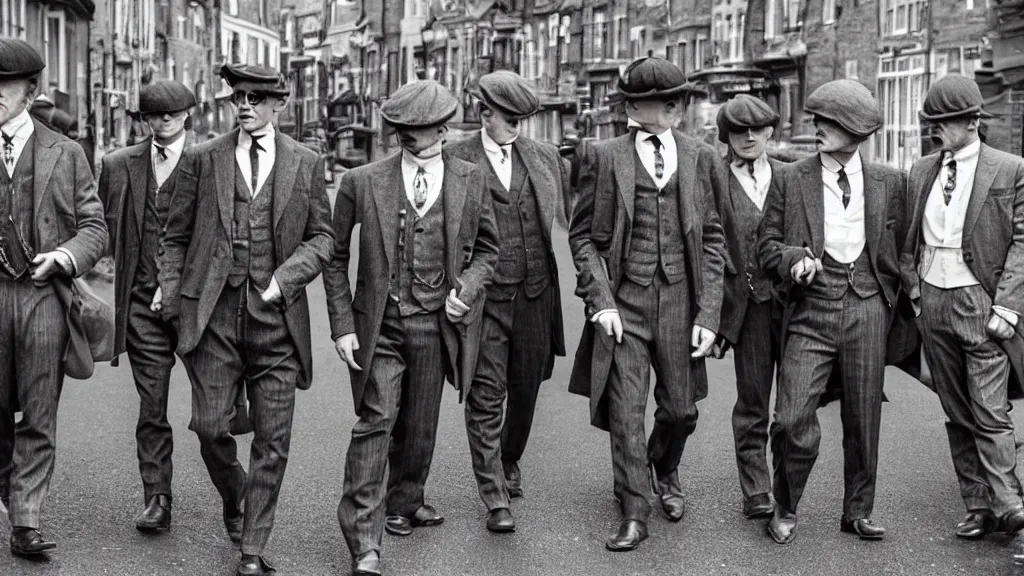 Image similar to a group peanut mans dressed like the peaky blinders