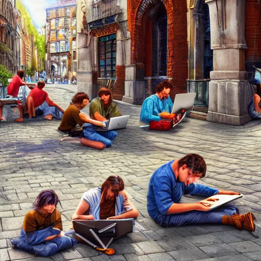 Image similar to a group of realistic bums using laptops near on street, highly detailed, intricate, sharp focus, digital art, 8 k