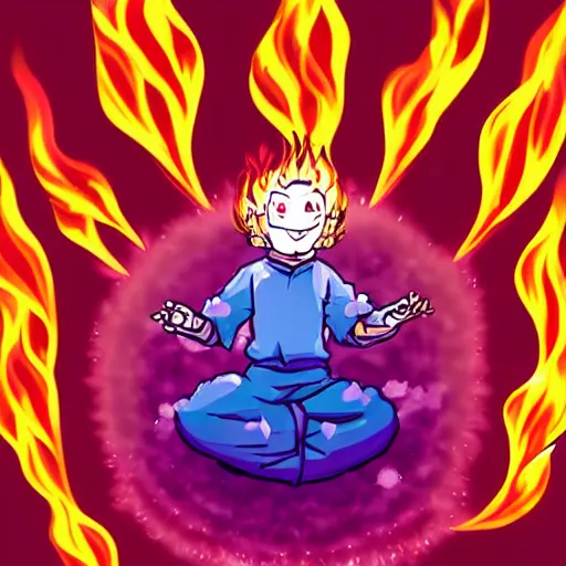 Prompt: fluffy exploding popcorn elemental spirit, in the style of a manga character, with a smiling face and flames for hair, sitting on a lotus flower, white background, clean composition, symmetrical