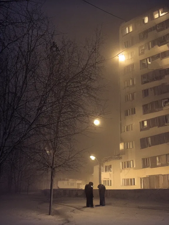 Image similar to film still of low soviet residential building in russian suburbs, lights are on in the windows, deep night, post - soviet courtyard, cozy atmosphere, winter, heavy snowб light fog, street lamps with orange light, several birches nearby, several elderly people stand at the entrance to the building