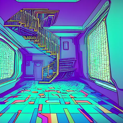 Image similar to a drawing of a room with a staircase, a computer rendering by kilian eng, cg society contest winner, psychedelic art, op art, isometric, voxel art, vaporwave