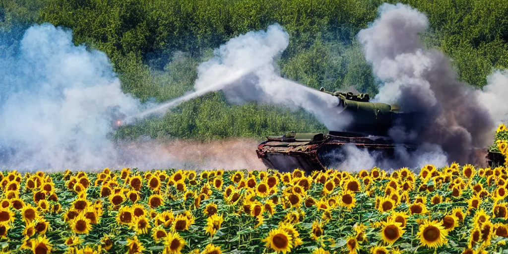 Image similar to russian tank burning in the middle of sunflower field, blue sky