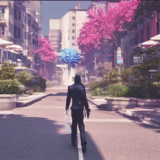 Image similar to an art deco cityscape, street lined with flowers. cinematic still from final fantasy advent children, 3 d, octane render, realistic 8 k, dynamic lighting