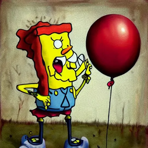 Prompt: grunge painting of spongebob with a wide smile and a red balloon by chris leib, loony toons style, pennywise style, corpse bride style, horror theme, detailed, elegant, intricate