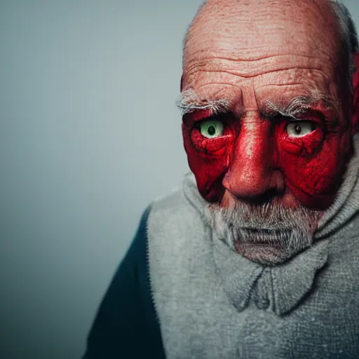 Image similar to an old man with glowing red eyes