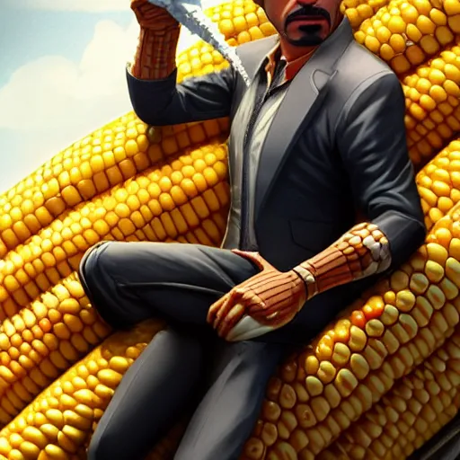 Image similar to tony stark is corn on the cob, hyperdetailed, artstation, cgsociety, 8 k