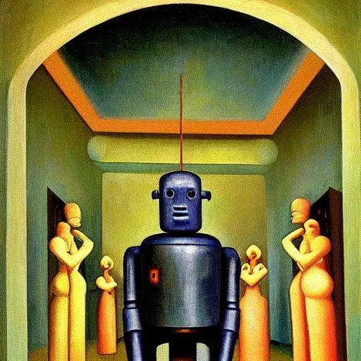 Image similar to robot druids in a grandiose atrium, grant wood, pj crook, edward hopper, oil on canvas