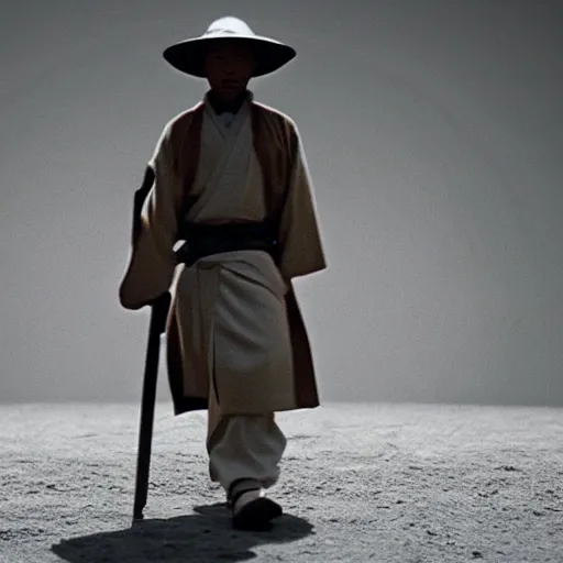 Image similar to cinematic film still Pharrell Williams starring as a Samurai holding fire, Japanese CGI, VFX, 2003, 40mm lens, shallow depth of field,film photography