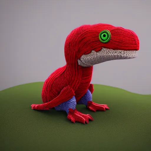 Image similar to super cute dinosaur made out of sweaters and yarn octane rendering vivid cinematic lighting 4 k