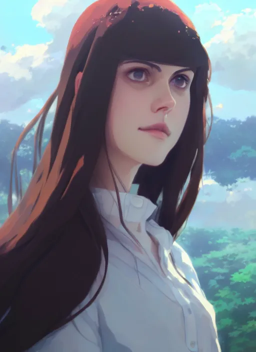 Image similar to portrait of alexandra daddario, cloudy sky background lush landscape illustration concept art anime key visual trending pixiv fanbox by wlop and greg rutkowski and makoto shinkai and studio ghibli