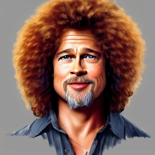 Prompt: brad pitt as bob ross, 8 k, trending on artstation