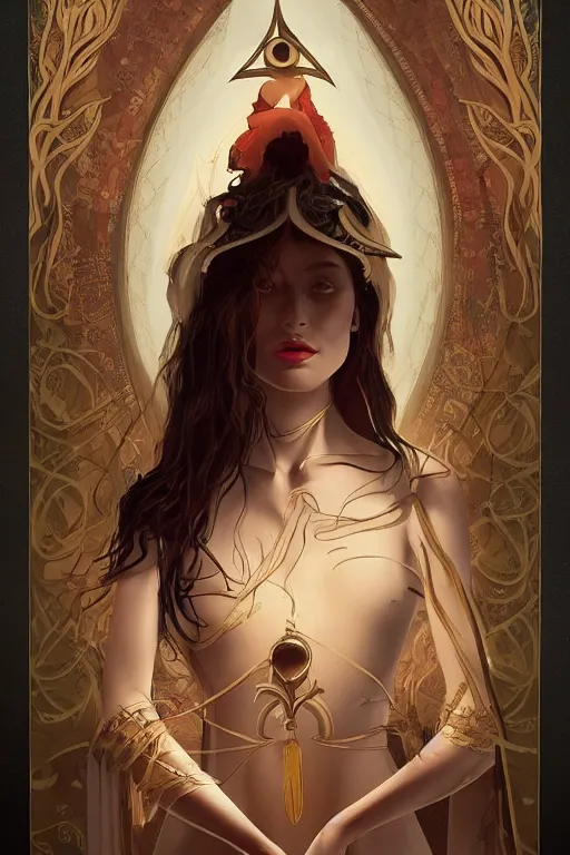 Image similar to tarot!!, high priestess, no noise, elegant, concept art, sharp focus, beautiful face!!, digital art, smooth defined outlines!!, human anatomy, human structure, vector background, by Brom, trending on Artstation, Tom Bagshaw, Sargent