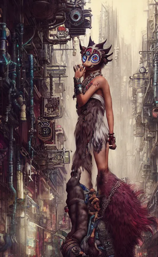 Image similar to hyper realistic Princess Mononoke ornate mask, wet market street, cyberpunk metropolis, city landscape, jewels, full body pose, full moon, style of tom bagshaw, mucha, james gurney, norman rockwell, denoised, sharp