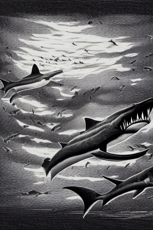 Prompt: a beautiful wood engraving on paper of a school of hammerhead shark, 8 k, frostbite 3 engine, cryengine, dof, trending on artstation, digital art, crepuscular ray