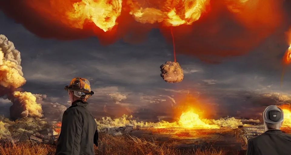 Prompt: nuclear explosion, youtuber points with shocked expression, photorealism