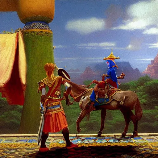 Image similar to hyrule palace scene painted in orientalist style, legend of zelda, painting by jean - leon gerome, otto pilny, adrien henri tanoux, giulio rosati, orientalism