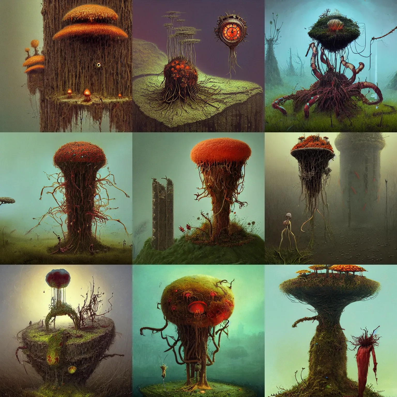 Prompt: a fungal pocketwatch growing from a cordyceps tower on an infected ants head, designed by Simon Stalenhag and Beksinski