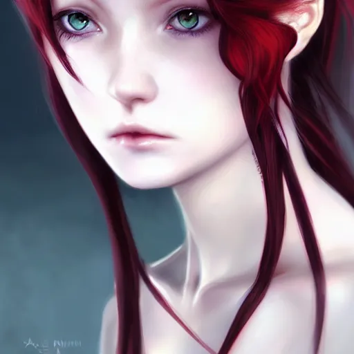 Image similar to facial portrait of a young pretty anime woman, long red hair, dark eyes, gothic eyeliner, character concept art, headshot, Charlie Bowater, Anna Dittmann, WLOP, Rumiko Takahashi, Akihiko Yoshida, Hyung-tae Kim, alexander mcqueen, trending on Artstation