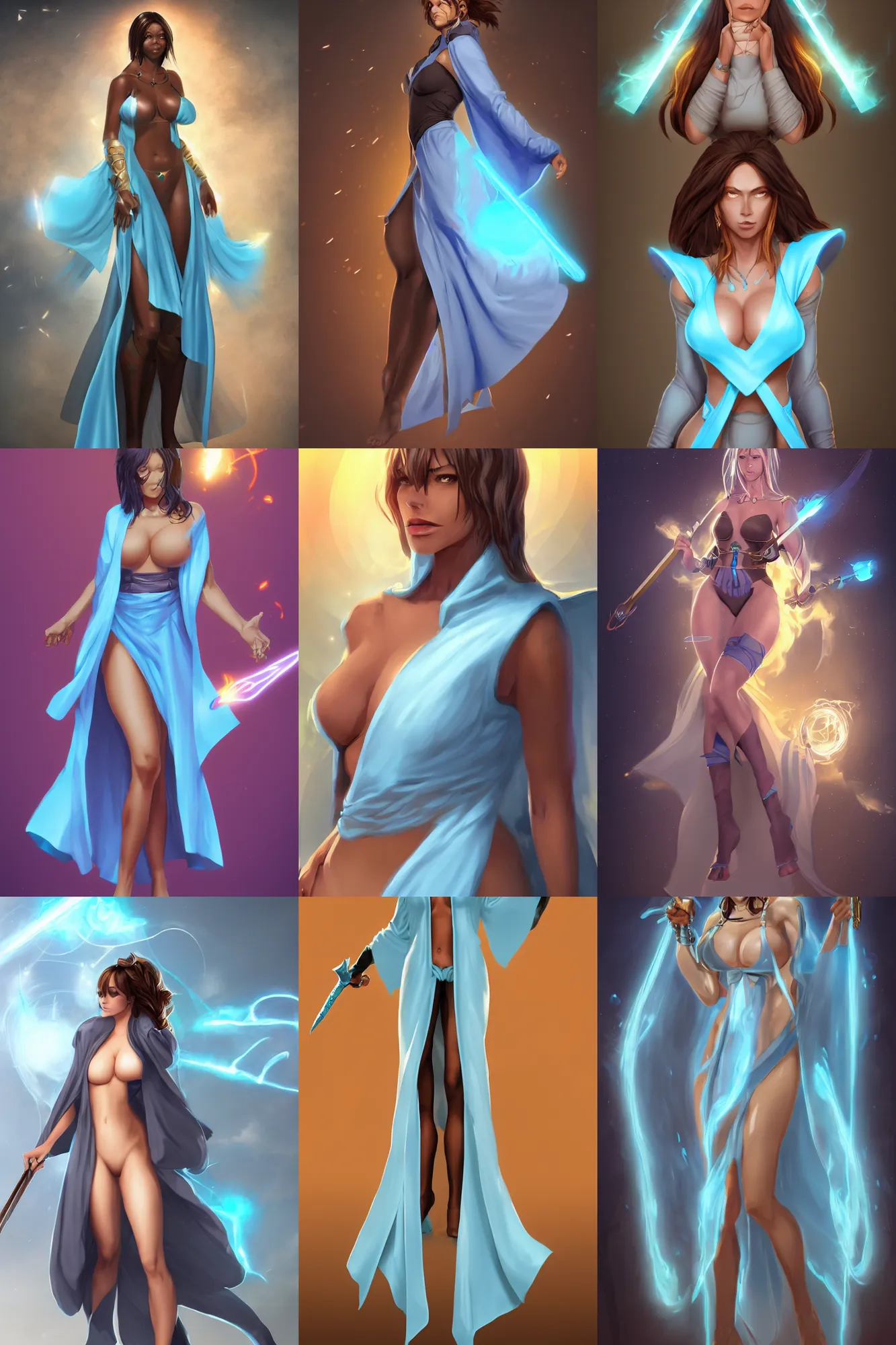 Prompt: Attractive 40 years old woman, Illusion master, Sky blue Robes, censored, light brown straight hair, dark brown skin, floating energy swords, high fantasy, trending in artstation, artstationHD, artstationHQ, cgsociety