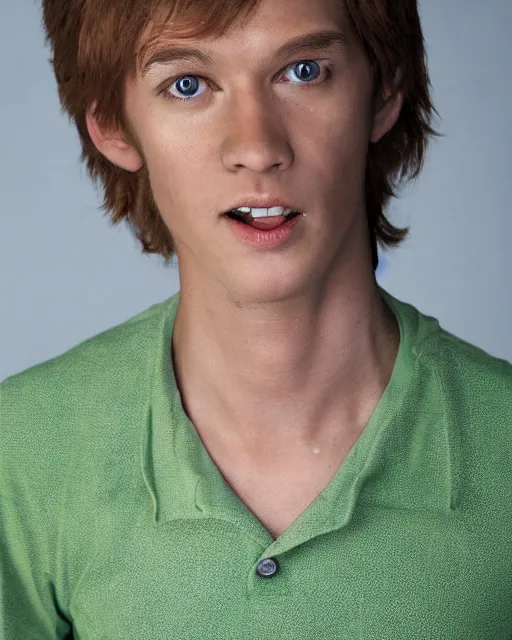 Prompt: dramatically - lit closeup portrait photograph of norville shaggy rogers from the scooby - doo live - action film ( 2 0 0 2 ), sharp details, vignette, high saturation, smooth textured skin, subsurface scattering, green shirt, photograph by mark mann and martin schoeller, 4 k, soft focus, centered, symmetrical