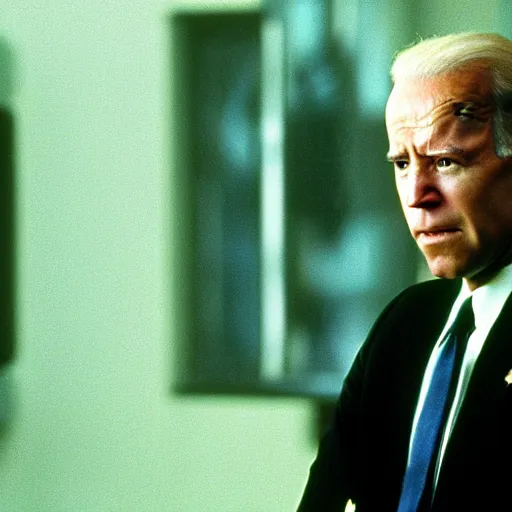 Image similar to Joe Biden as Agent Smith in The Matrix 1999, film still, cinematic lighting, promotional image, teaser exclusive on set photograph, sharp focus