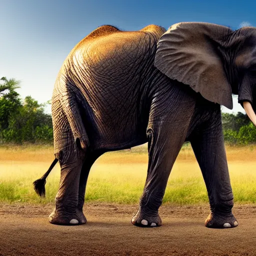 Image similar to a highly detailed panoramic photo by annie leibowitz of an elephant in the distance. the elephant has a staircase as a trunk, 8 k, super resolution