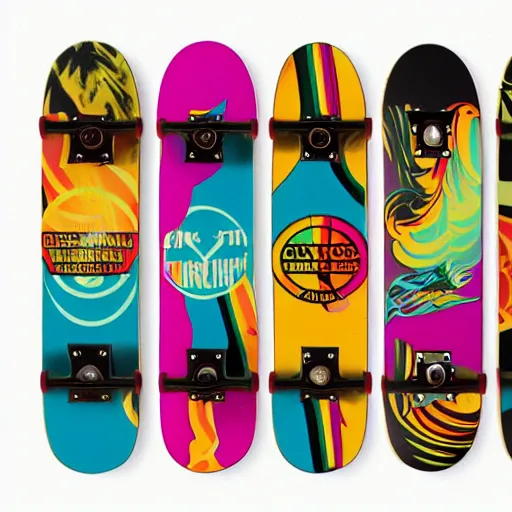 Prompt: 8 0's skateboard culture based psychedelic color combinations