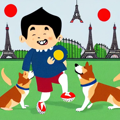 Image similar to illustration of french boy in paris playing football against a corgi, the dog is wearing a polka dot scarf