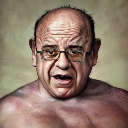 Prompt: hyperrealistic mixed media high resolution painting of a quadriplegic Danny DeVito, stunning 3d render inspired art by István Sándorfi and Greg Rutkowski and Unreal Engine, perfect facial symmetry, dim volumetric lighting, 8k octane beautifully detailed render, full body shot, post-processing, extremely hyper-detailed, intricate, epic composition, highly detailed attributes, highly detailed atmosphere, cinematic lighting, masterpiece, trending on artstation, very very detailed, masterpiece, stunning, flawless structure, lifelike texture, perfection,