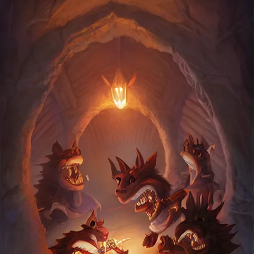 Image similar to D&D, a group of kobolds digging in a tunnel by torchlight, artwork by Artgerm, Don Bluth