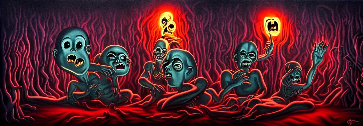 Image similar to visceral freaky obsessive monsters from the darkest depths of collective unconscious, dramatic glowing lighting, 1 9 3 0 s fleischer cartoon characters, wild emotional expressions - surreal painting by ronny khalil