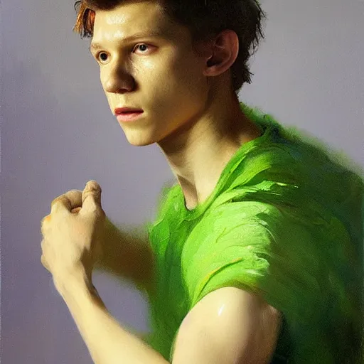 Image similar to tom holland wearing green tunic holding glowing purple orb by ruan jia, portrait