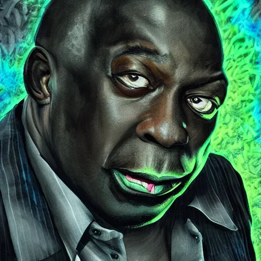 Image similar to angry zombie portrait of michael clarke duncan, an urban background szene, grimdark horror, stylized digital illustration, radiating a glowing aura, global illumination, ray tracing, hdr, fanart arstation by ian pesty and katarzyna bek - chmiel