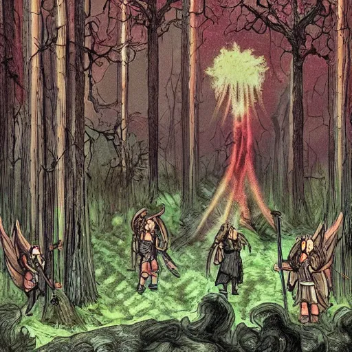 Image similar to a battle between the demon warriors and mages of hell and the angels of heaven in a magical forest. Parts of the forest is burned with charred trees. Lots of holy and damned magic is used