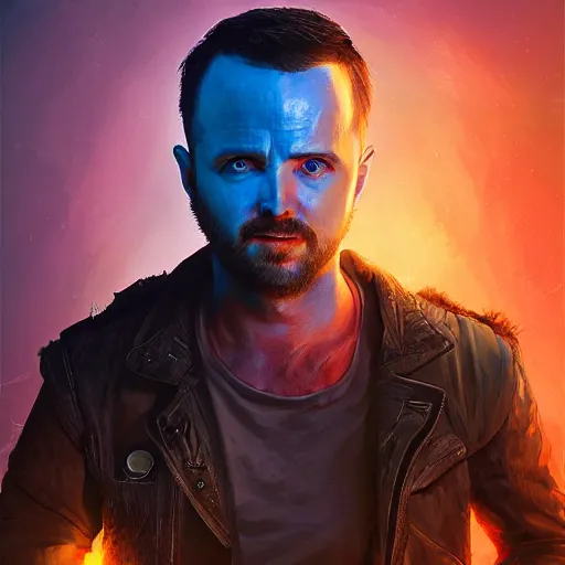 Image similar to a digital portrait painting of an aaron paul bounty hunter, matte painting, hyper realistic, very detailed, dramatic scene, orange and blue colors, realistic lighting, dark fantasy, 4 k, in the style of greg rutkowski,