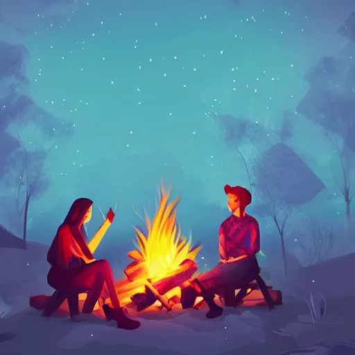 Prompt: guy and girl sitting beside cosy campfire at night, fantasy, hd 4k digital art, very detailed